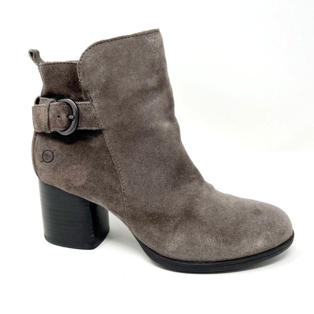Born Boots Womens Size 7 Grey Suede Gillian Buckled Ankle Bootie Leather Upper